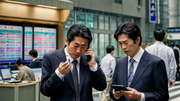 Japanese business men talking near stock exchange