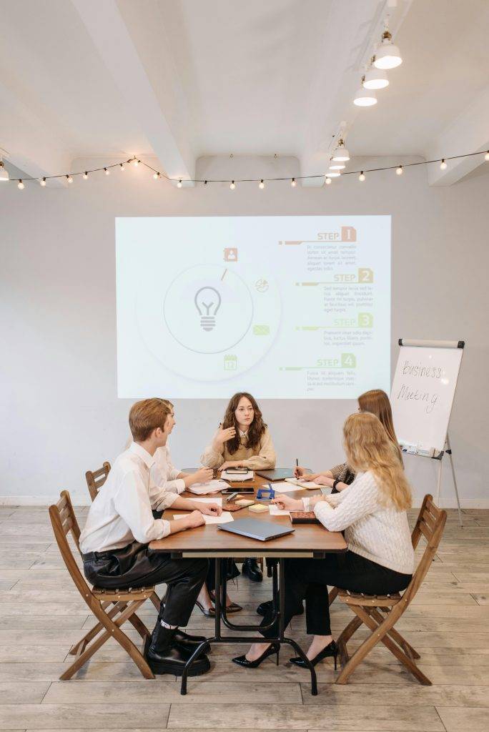 A group of people discussing their ideas around a table and a presentation on the wall.