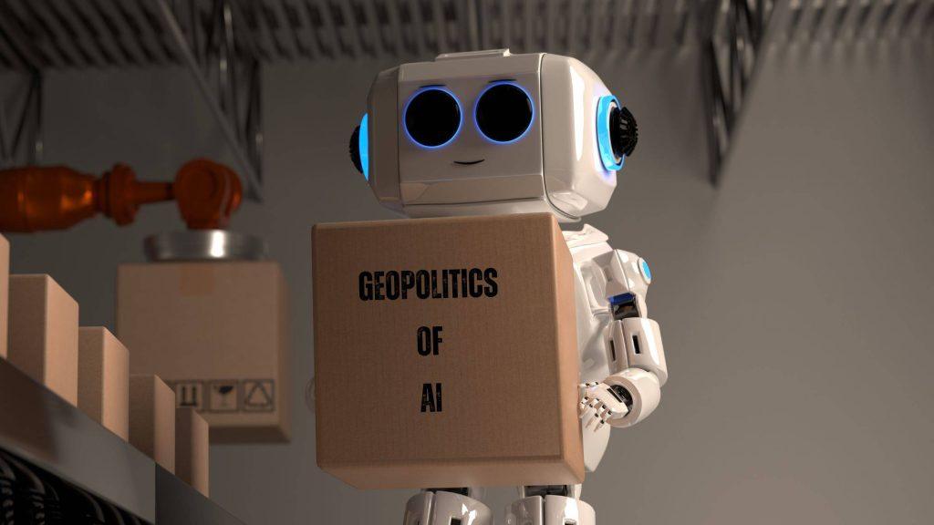 A robot carrying a package named Geopolitics of AI