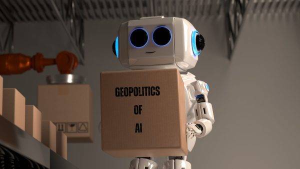 A robot carrying a package named Geopolitics of AI