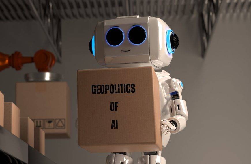 A robot carrying a package named Geopolitics of AI