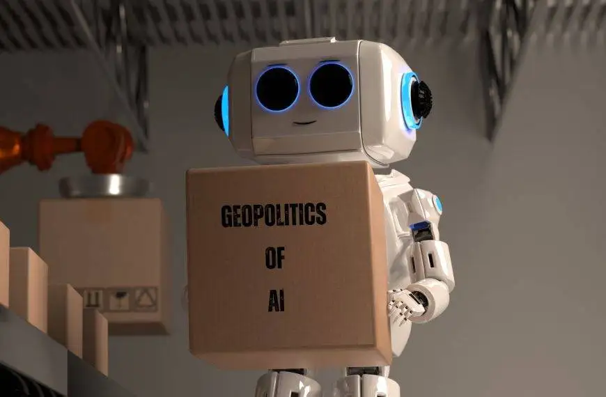 A robot carrying a package named Geopolitics of AI