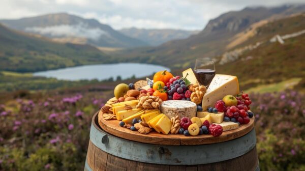 AI generated image of Scottish Cheese on a whisky barrel immersed in a Scottish Background
