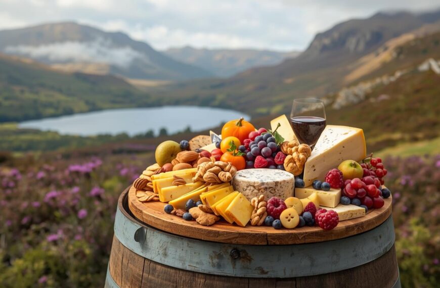 AI generated image of Scottish Cheese on a whisky barrel immersed in a Scottish Background