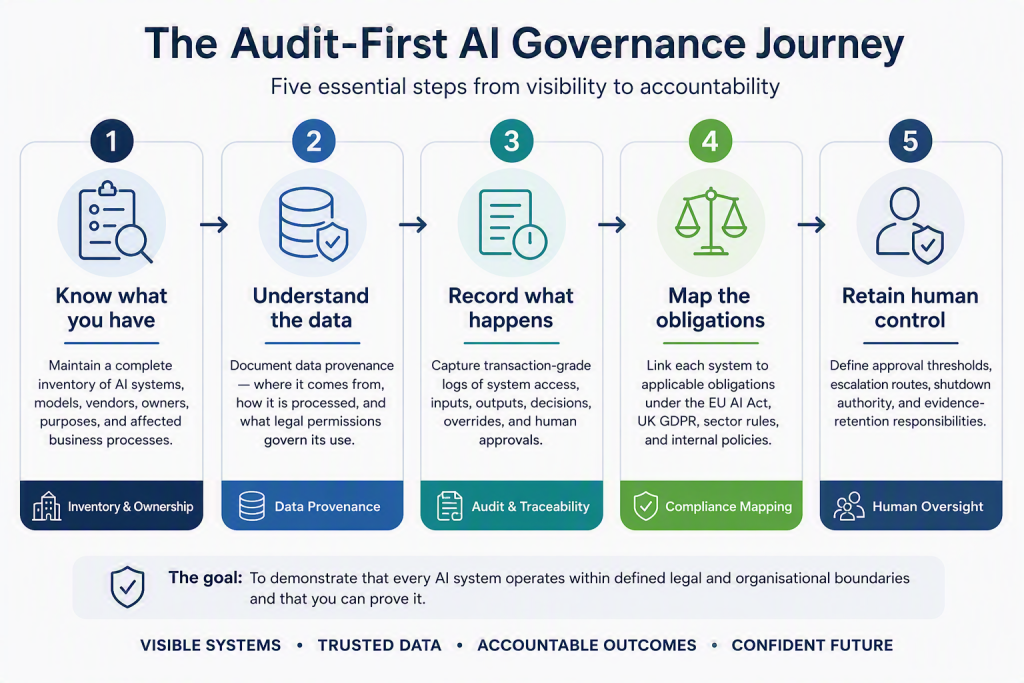 Infographic illustrating the five essential steps of an audit-first AI Governance journey: know what you have, understand the data, record what happens, map the obligations, and retain human control.